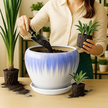 Deep Dream 10 Inch Plant Pot- Ceramic Planter Pot Round Plant Pots for Indoor Plants Outdoor Large Flower Pot with Drainage Holes & Trays, White&Blue