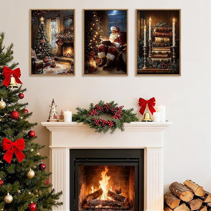 Christmas Wall Art 16x24 Inches Vintage Santa Claus Paintings Framed Christmas Winter Holiday Artwork Set of 3 for Living Room Bedroom