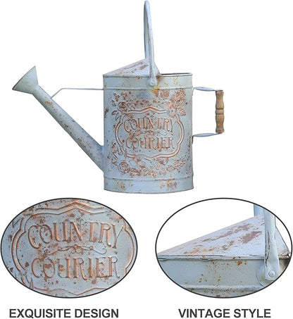 Vintage Metal Watering Can with Country Corner Floral Emboss & Wooden Handle Garden Distressed Blue Decorative Watering Pot Farmhouse Waterer for Home Garden Balcony Courtyard 2 Gallon