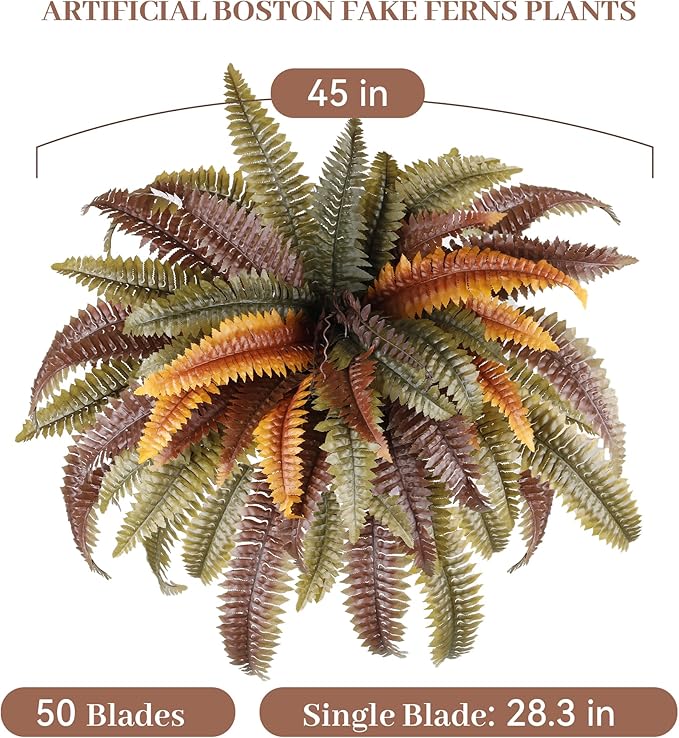 KOL 45 in Artificial Boston Fern, Large Faux Hanging Plant for Home Office Wedding Indoor Outdoor Décor, Autumn Rust Color