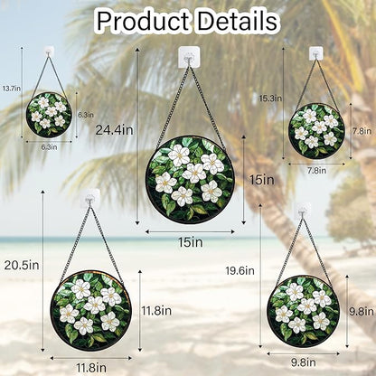 Stained Glass Suncatcher, Green Plants White Gardenia Sun Catcher Flower Stain Glass Window Hanging Decoration Mother's Day Birthday Gifts for Women Men Mom Nana 15 in