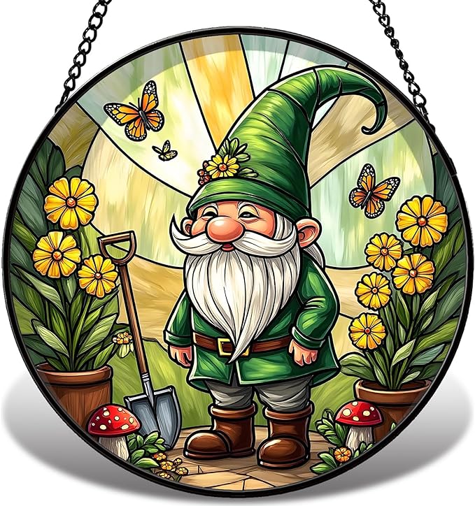 Stained Glass Window Hanging, Gnome in Garden Sun Catcher for Indoor Window Decoration with Flowers & Butterflies, Whimsical Stained Glass Decor Gift for Women and Men G51 (6.3'')