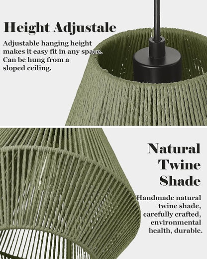 ELYONA Woven Pendant Lights, 7” Rustic Rattan Hanging Lamp Adjustable Handwoven Basket Shade, Boho Pendant Light Fixtures for Kitchen Island, Dining Room, Bedroom, Farmhouse Bar, Foyer Hallway, Green