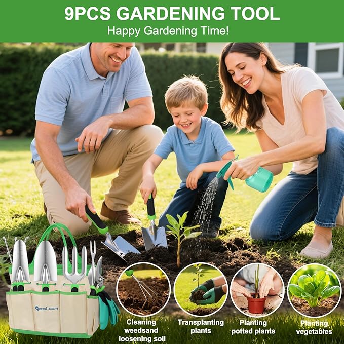 Yesker Gardening Tools 9-Piece Heavy Duty Garden Tool Set Gardening Supplies Gifts for Women Men Gardening Hand Tool Kit with Non-Slip Ergonomic Handle, Garden Bag, Durable Gloves, Spray Bottle, Green
