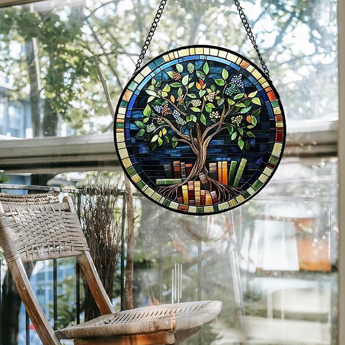 Stained Glass Window Hanging Green Life Tree Berry Book Large 15" - Blue Suncatcher Door Garden Sun Catcher Home Decor Birthday Christmas for Mom Men Woman Nana Friend