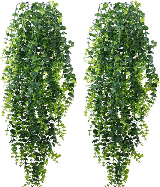 2-Pack Fake Hanging Plants, Faux Hanging Plant Artificial Greenery for Living Room Bedroom Boho Wall Shelf Indoor Outdoor Decor (Green Eucalyptus)