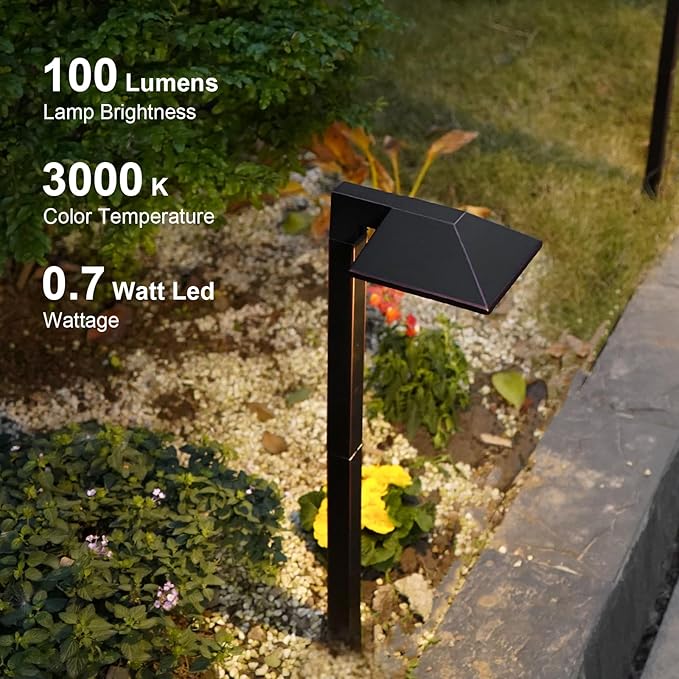 GOODSMANN Low Voltage Landscape Lights 8PK Landscape Lighting Kit Pathway Light Wired Outdoor Walkway Lights 0.7W LED 100 Lumen Oil Rubbed Bronze Finish Warm White with Cable Connectors Metal Stakes