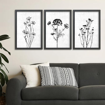 TQianJiang Flower Plant Wall Decor 16"x11" Black And White Botanical Painting Wood Framed Set of 3 Bedroom Office Abstract Wildflower Sign Hanging Art (Black)