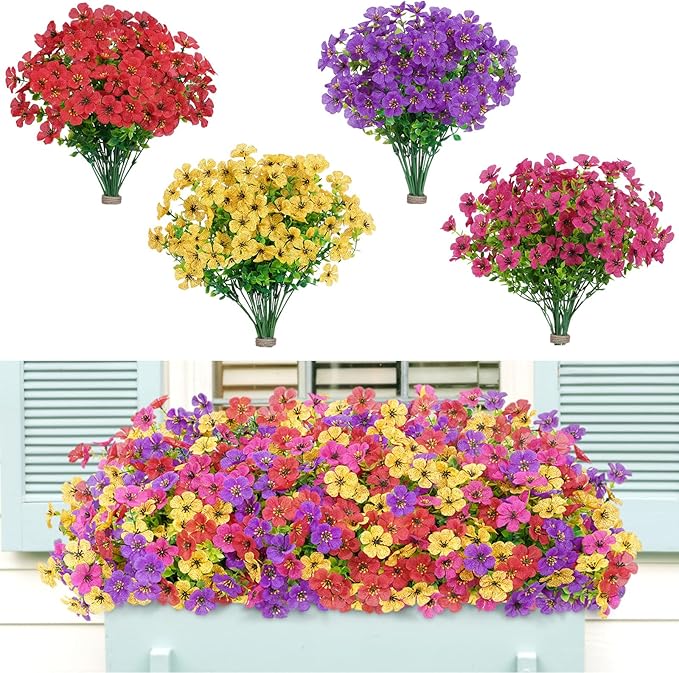 Lifewit Artificial Flowers for Outdoor Indoor, 24 Bundles Plastic Fake Flowers Daisy with Eucalyptus Leaves for Home Garden Decor, Porch, Window Box(Mix for Fuchsia Purple Yellow Red)