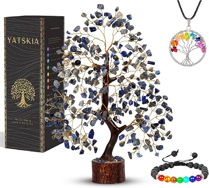 YATSKIA Lapiz Lazuli Crystal Tree - Good Luck Money Tree - Home Office Blue Decor - Feng Shui Stones and Crystals - Housewarming Gift for Women