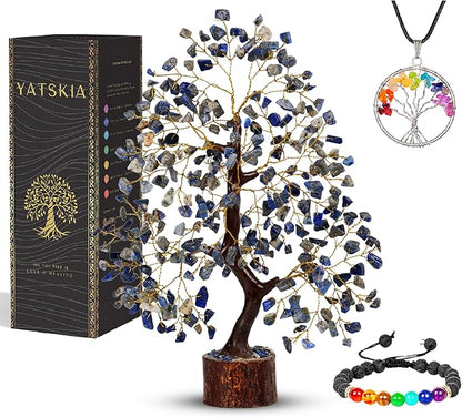 YATSKIA Lapiz Lazuli Crystal Tree - Good Luck Money Tree - Home Office Blue Decor - Feng Shui Stones and Crystals - Housewarming Gift for Women