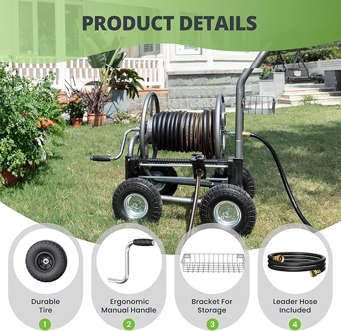 Giraffe Tools Heavy Duty Garden Hose Reel Cart with Wheels - Industrial Outdoor Hose Storage Reel, Pre-Installed Guide for 250-Feet of 5/8" Hose Capacity