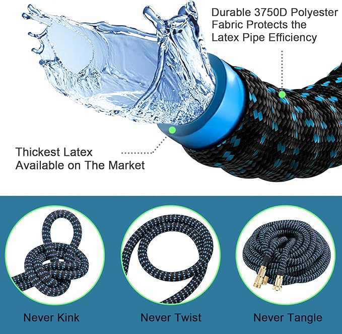 100 ft Expandable Garden Hose with 10 Function Nozzle Sprayer, Lightweight & No-Kink Flexible Water Hose with Durable Latex Core & Solid Brass Fittings, 100ft Retractable Stretch Hose, Black & Blue