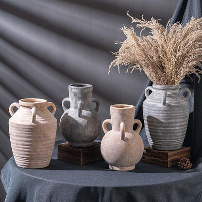 Rustic Grey Terracotta Ceramic Vase with Handles, Vintage Pottery Floral Vases, Cottage Core for Home Decor Table Centerpiece, Large Flower Vase for Bouquets Table Mantel Bedroon Bathroom 8.5 Inch