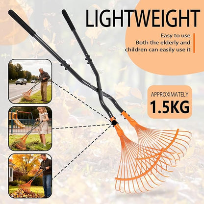Garden Rake, Black Orange Plastic Fan Design, Heavy Duty Lawn Leaf Collection Tool