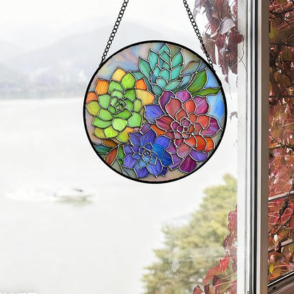 Stained Glass Window Hanging Colorful Succulents Large 15" - Flowers Suncatcher Door Garden Sun Catcher Home Decor Birthday Christmas for Mom Men Woman Friends Nana Wife
