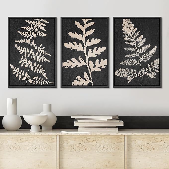 Ashbrook Framed Canvas Print Wall Art Set Black Forest Fern Plant Silhouette Nature Wilderness Illustrations Modern Art Rustic Chic Colorful for Living Room, Bedroom, Office - 16"x24"x3 Black