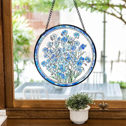 TNUW Blue Forget Me Not Flower Stained Glass Window Hanging, Blue Flower Sun Catchers Indoor Window Glass Round Wall Art Decor, Floral Botanical Wall Hanging Decorations, 7.9＂x7.9＂