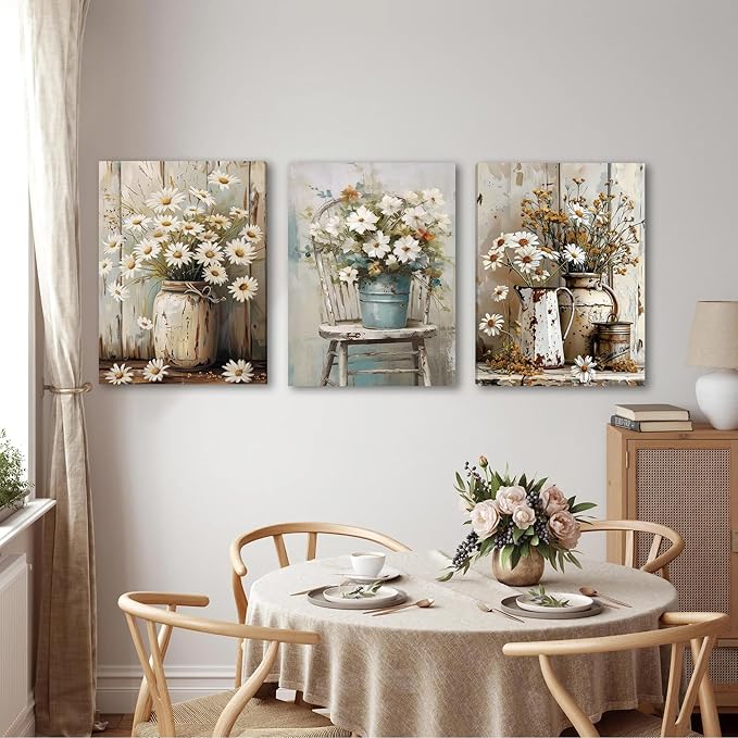 DUWQU 3 PCS Elegant Farmhouse Canvas Wall Art, Vintage Floral Pictures Wall Decor, Nature Themed Daisy Art Prints for Living Room Bedroom Kitchen and Office Ready to Hang 16×24 Inches