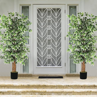 GTIDEA 2 Pcs 6ft Ficus Artificial Trees, Tall Faux Trees Indoor with Natural Trunk and Fake Silk Tree Fake Plants for Home Spring Decor Living Room Outdoor Balcony House Office (Included Dried Moss)