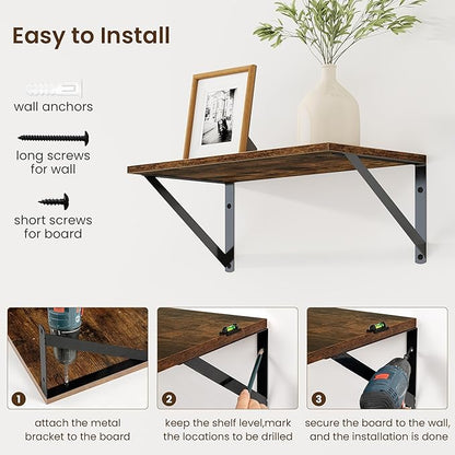 Fun Memories Deep Floating Shelves for Wall, 16W x 8D Wall Mounted Shelves Set of 2, Wide Display Ledge Shelf with Sturdy Metal Brackets for Living Room, Bathroom, Bedroom and Kitchen, Rustic Brown