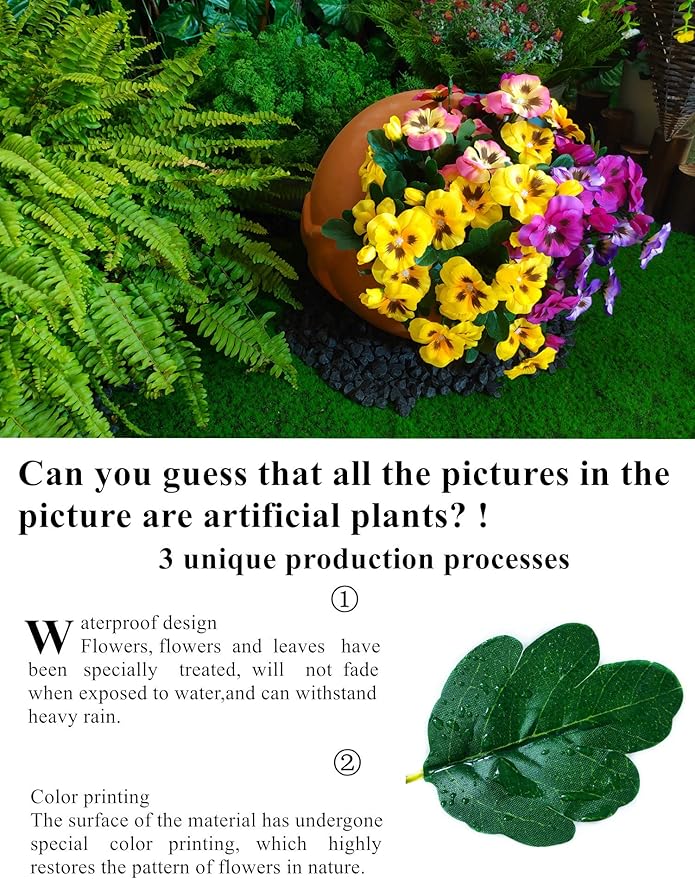 QIANYUN Fake Flowers-13in Pansy Small Wild Flower Artificial Plants Outdoor Plastic Purple Flowers for Home Wedding Kitchen Garden Table Centerpieces Indoor Outdoor Decor (Mixed Color)