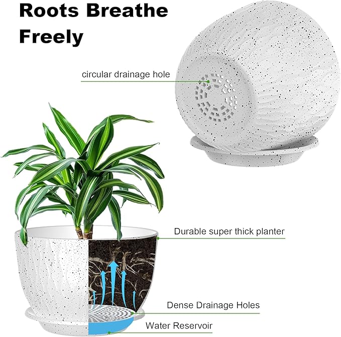 Plant Pots, Flower Pots with Multi Mesh Drainage Holes and Saucer, Large Planters for Indoor Outdoor Garden Plants and Flowers (Speckled White, 12"+10"+9")