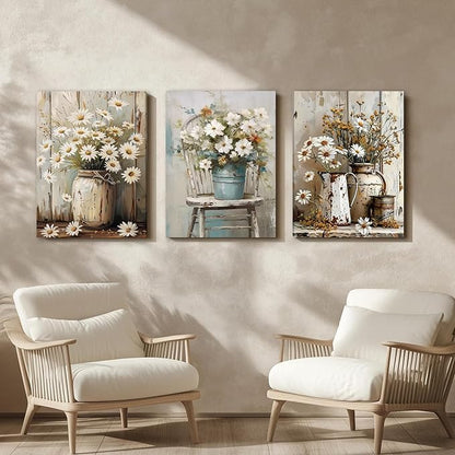 DUWQU 3 PCS Elegant Farmhouse Canvas Wall Art, Vintage Floral Pictures Wall Decor, Nature Themed Daisy Art Prints for Living Room Bedroom Kitchen and Office Ready to Hang 12×16 Inches