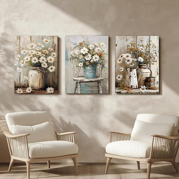 DUWQU 3 PCS Elegant Farmhouse Canvas Wall Art, Vintage Floral Pictures Wall Decor, Nature Themed Daisy Art Prints for Living Room Bedroom Kitchen and Office Ready to Hang 16×24 Inches