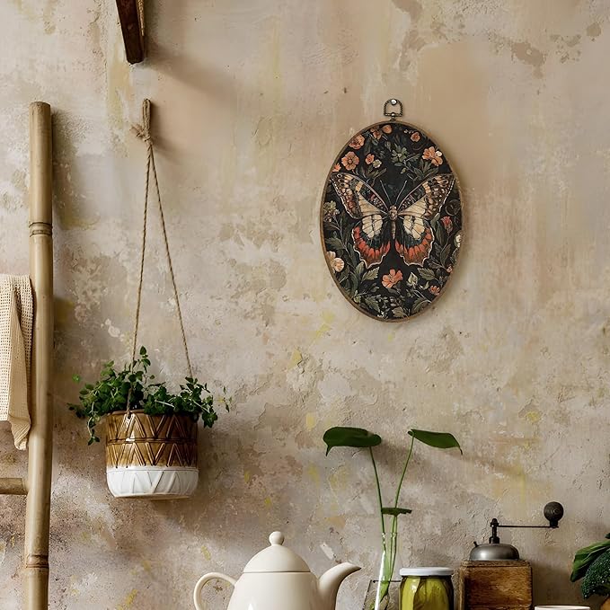 LKETW Vintage Butterfly Floral Oval Wall Art Decor, William Morris Cottagecore Butterfly Botanical Oval Canvas Hanging Decor, Moth Flower Wall Decorations for Home Bedroom Living Room, 8.6x11.4 Inch