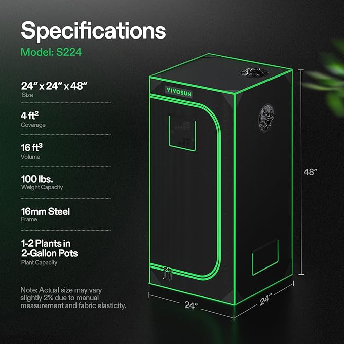 VIVOSUN S224 2x2 Grow Tent, 24"x24"x48" High Reflective Mylar with Observation Window and Floor Tray for Hydroponics Indoor Plant for VS1000