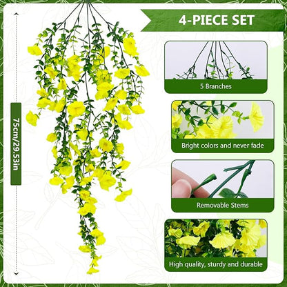 4-Pack Fake Hanging Plants, Faux Hanging Plant Artificial Greenery for Living Room Bedroom Boho Wall Shelf Indoor Outdoor Decor (Yellow Morning Glory)