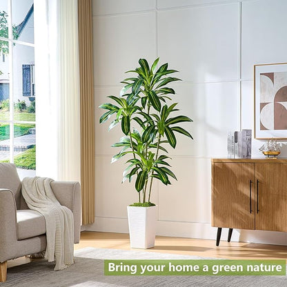 Artificial Dracaena Tree, 6FT Artificial Plants Indoor with White Tall Planter, Faux Yucca Silk Tree Fake Tropical Floor Plant in Pot, Fake Plants for Home House Room Office Entryway Porch Decor