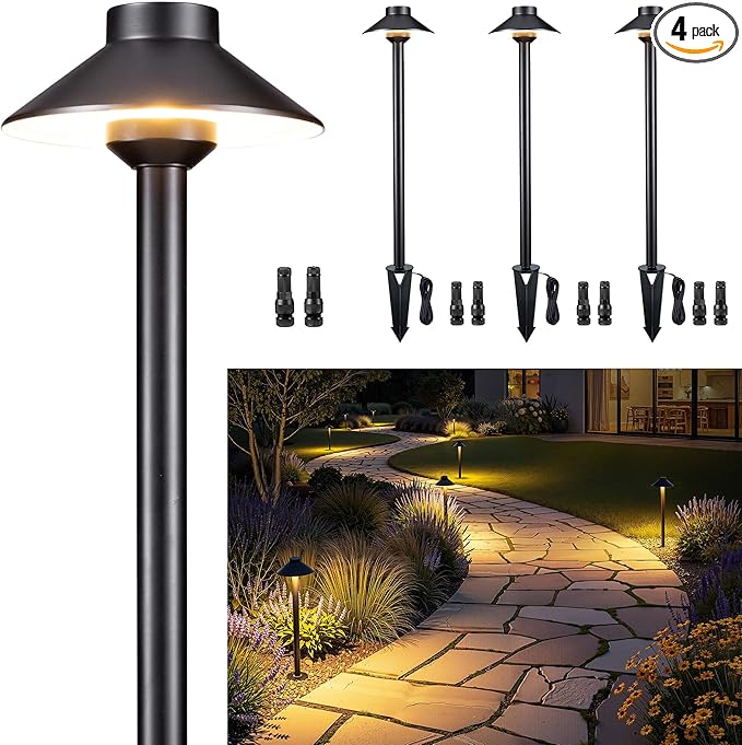 Gardenreet 12v Landscape Lighting Brass - Low Voltage Pathway Lights IP65 Waterproof, Hard-Wired Path Light Outdoor, Mushroom-top Black for Exterior Area Patio House G4 Bulb Not Included (4 Pack)