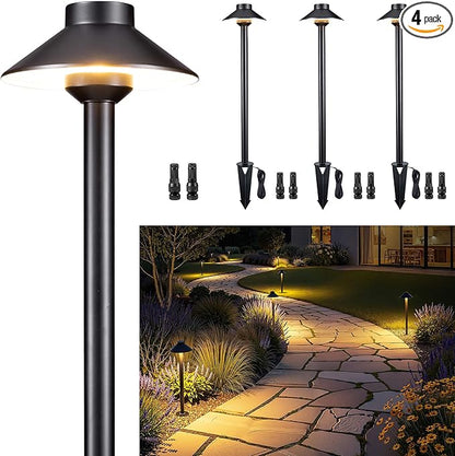 Gardenreet 12v Landscape Lighting Brass - Low Voltage Pathway Lights IP65 Waterproof, Hard-Wired Path Light Outdoor, Mushroom-top Black for Exterior Area Patio House G4 Bulb Not Included (4 Pack)