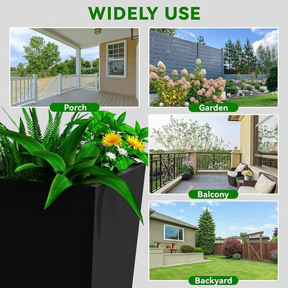 Metal Planter 2 Pack, 15L x 15W x 30H, Heavy Duty Tall Planters for Outdoor Plants, Black Planters with Removable Insert Shelf, Large Planters with Drainage Holes for Porch, Patio, Black