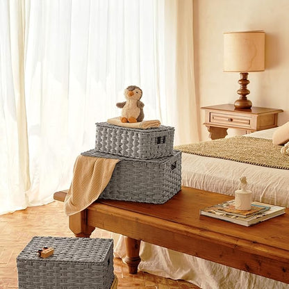 GRANNY SAYS Wicker Storage Baskets, Decorative Boxes with Lids, Set of 3 Nesting Wicker Baskets for Organizing, Gray, 3-Pack