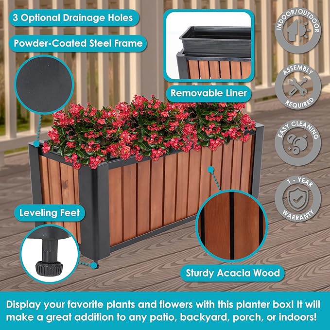 Sunnydaze Slatted Rectangular Wood Planter Box with Powder-Coated Steel Frame - 24" Acacia Wood Planter with Removable Liner - 3.7 Gal Capacity