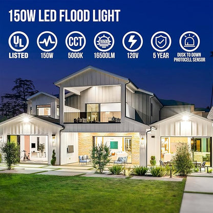 GKOLED 150W LED Flood Lights Outdoor, Dusk to Dawn Security Light, with Anti-Glare Guard, 120V 5000K 16,500LM Waterproof Landscape Lighting, Aluminum Lighting Fixture, 1/2" Knuckle Mount, UL Listed