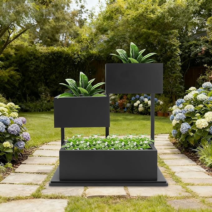 Large Geometric Metal Planter for Outdoor & Garden, 31.5x11.81x27.56 Inch Modern Black Steel Planter with Drainage Holes,Decorative Flower Pot for Yard, Patio, Lobby