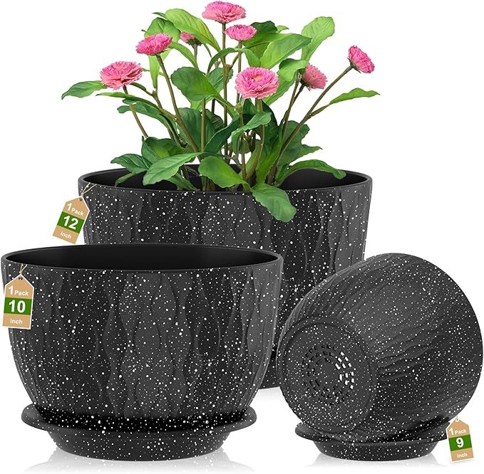 12/10/9 Inch Planter Pots, 3-Pack Large Flower Pots for Indoor Outdoor Garden Plants, Big Plant Pots with Multi Mesh Drainage Holes and Saucer (Speckled Black, 12"+10"+9")