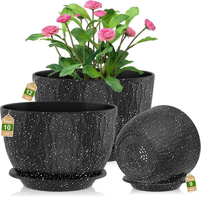 12/10/9 Inch Planter Pots, 3-Pack Large Flower Pots for Indoor Outdoor Garden Plants, Big Plant Pots with Multi Mesh Drainage Holes and Saucer (Speckled Black, 12"+10"+9")