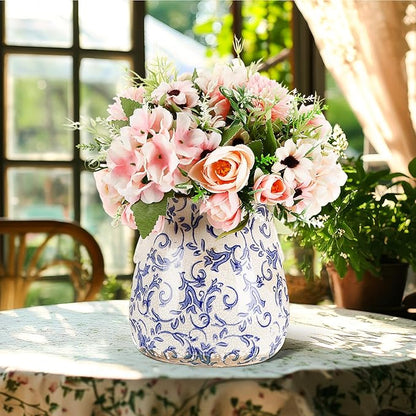 Ceramic Scroll Planter 6.5 Inch Chinoiserie Floral Vase with Drainage Holes Vintage Flower Vase Flower Pot Rustic Ceramic Pots for Indoor Plants Garden Home Bookshelf Decor (Retro Blue)