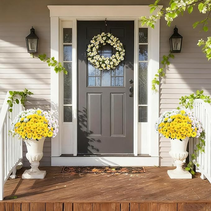 Artificial Fake Mums Flowers Plants for Outdoors,12 Bundles Faux mums Mix Silk Glory UV Sun Resistant, Realistic Flowers for Planter Porch Patio Yard Balcony Home Decor (Yellow/White/Pink)