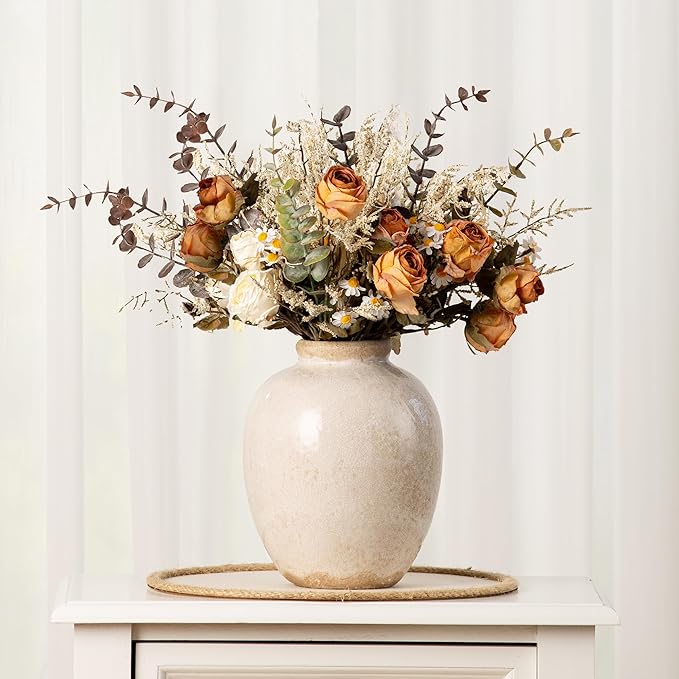 Ceramic Rustic Vase, White Vintage Flower Decorative Vase Chinoiserie Decor Rustic Farmhouse Retro Floral Vases for Table Bookshelf Mantel Kitchen Living Room Office - 7.8inch White