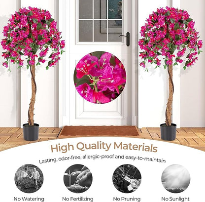 GOFLAME 53" Artificial Bougainvillea Tree, 2 Pack Faux Silk Flower Plant in Pot with 576 Flowers & 288 Leaves, Indoor Outdoor Fake Bougainvillea for Home, Office and Garden Decor, Red