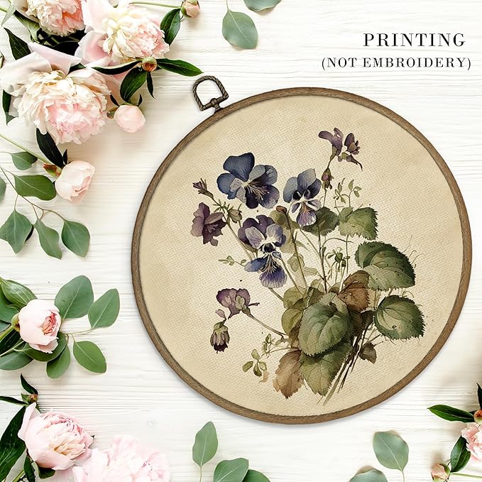 MAQIKA Vintage Purple Flower Framed Wall Art Decor, Floral Wall Decor, Wildflower Round Wall Hanging Decor, Retro Botanical Canvas Prints Wall Art for Bedroom Living Room, 10x10 Inch