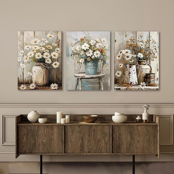 DUWQU 3 PCS Elegant Farmhouse Canvas Wall Art, Vintage Floral Pictures Wall Decor, Nature Themed Daisy Art Prints for Living Room Bedroom Kitchen and Office Ready to Hang 12×16 Inches