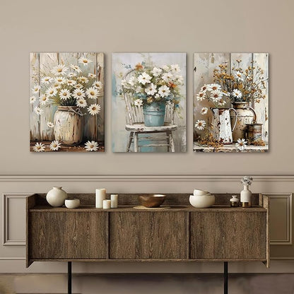 DUWQU 3 PCS Elegant Farmhouse Canvas Wall Art, Vintage Floral Pictures Wall Decor, Nature Themed Daisy Art Prints for Living Room Bedroom Kitchen and Office Ready to Hang 16×24 Inches