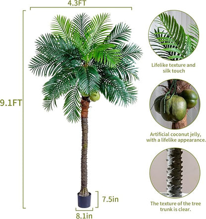 9.1FT Artificial Phoenix Palm Tree with Coconut Fruit Artificial Plants Indoor Outdoor Large Faux Coconut Palm Tree Tropical Fake Palm Plant for Modern Farmhouse Yard Outside Patio Poolside